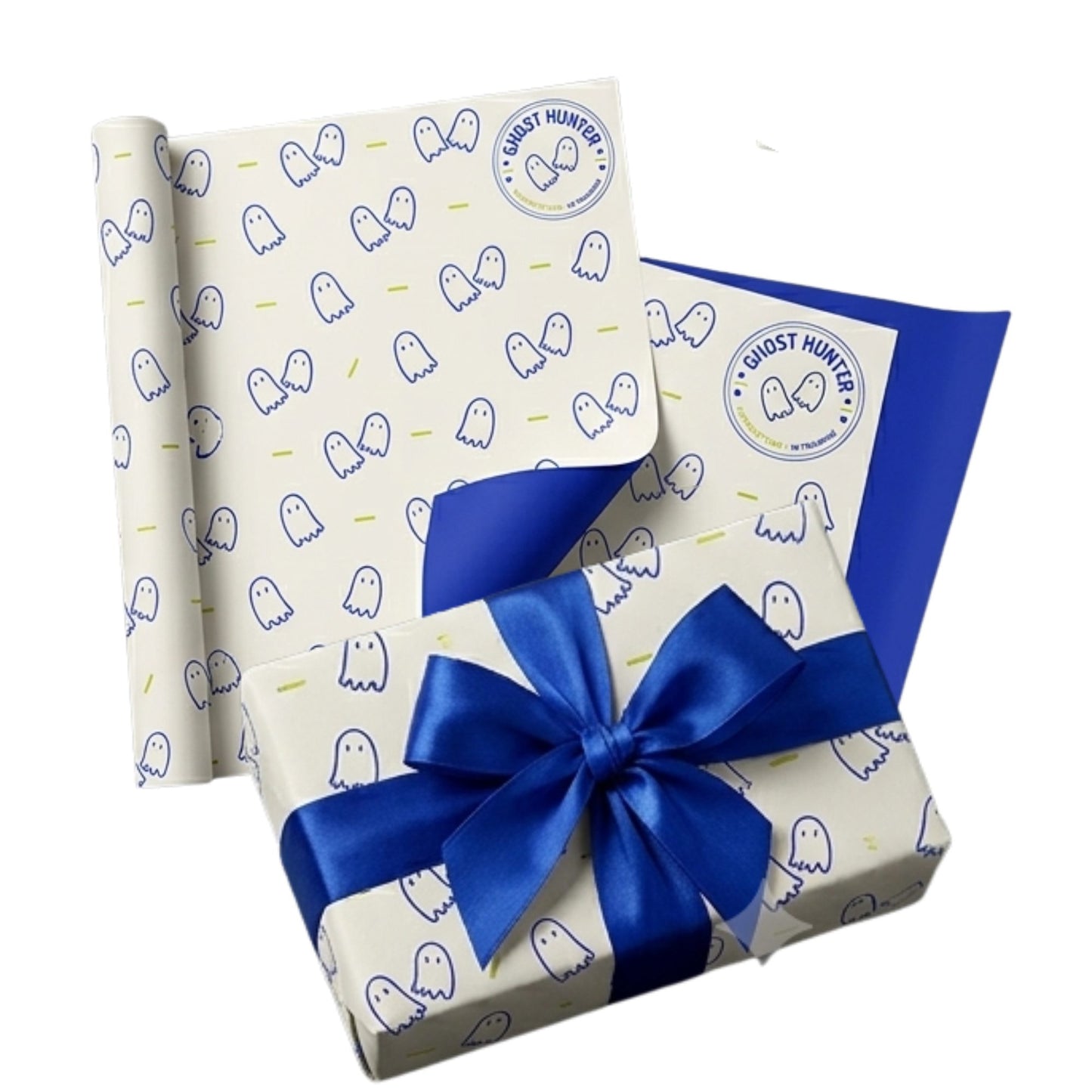 Gift wrap with ghost pattern and blue ribbon on a white background