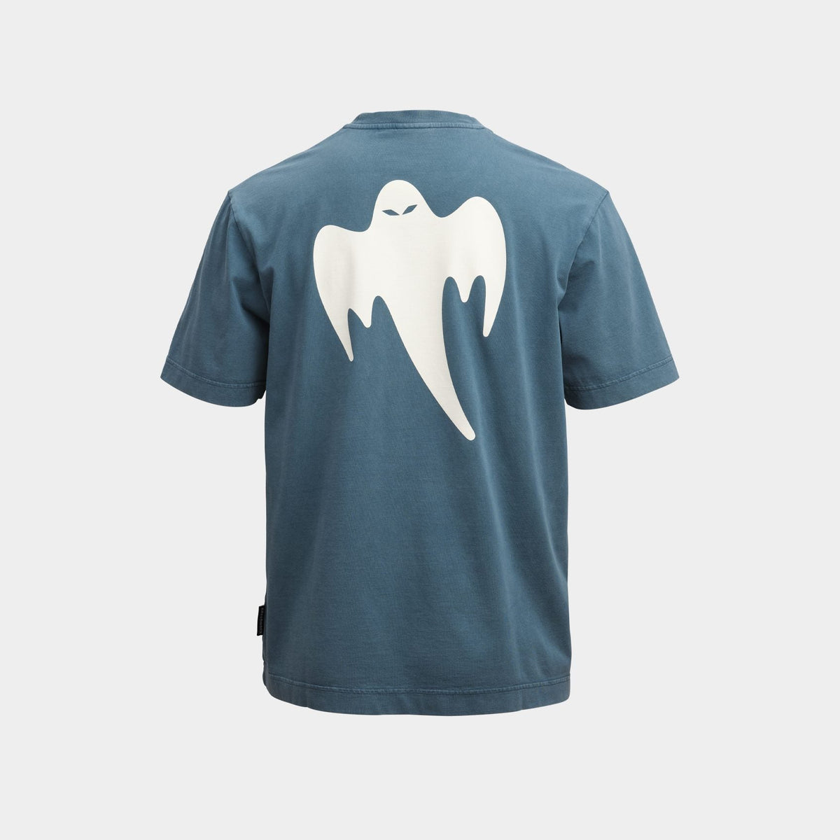 A slate blue short-sleeve t-shirt shown from the back, featuring a large white ghost graphic printed on the center back.