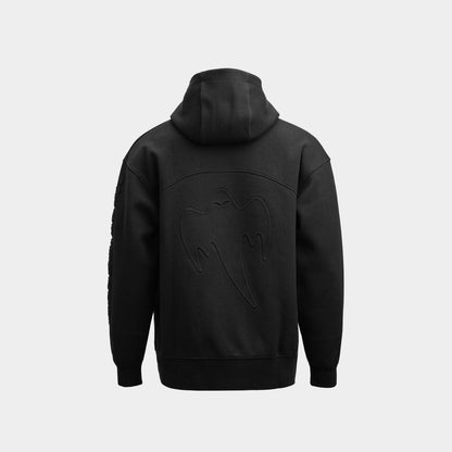 Black embossed hoodie on a white background