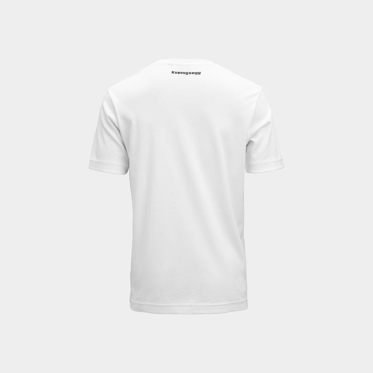White tee with black Koenigsegg logo on the back of the neck, on a white background