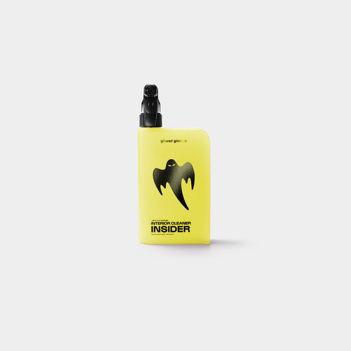 A yellow rectangular bottle with a black spray top and a black ghost logo on the front, labeled INSIDER interior cleaner, centered on a light gray background.