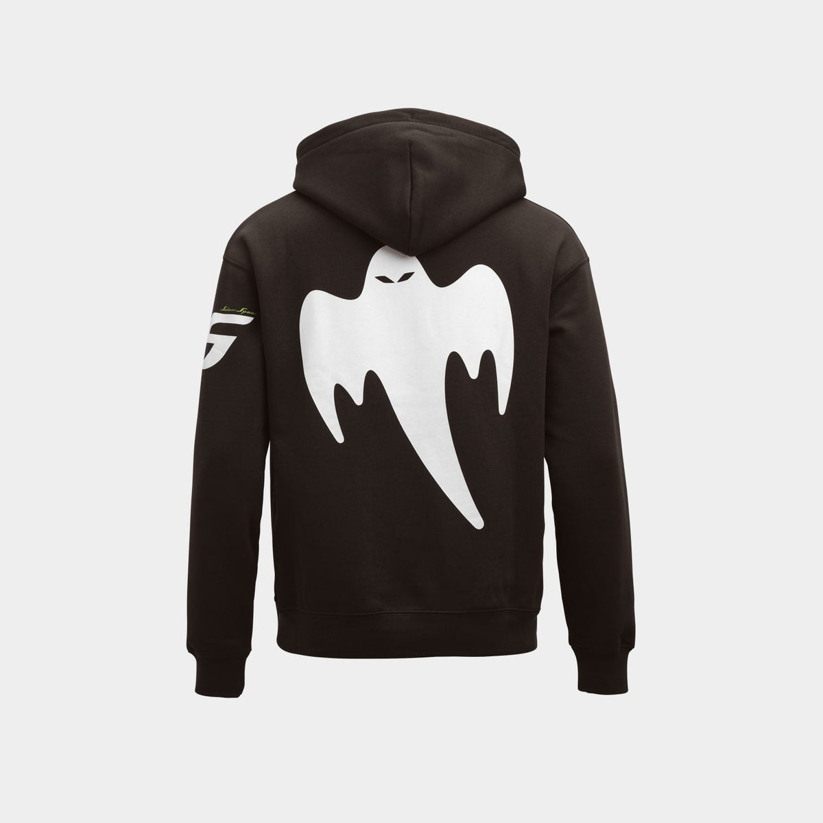 A dark brown pullover hoodie shown from the back, featuring a large white ghost graphic on the back and a small white graphic on the left sleeve, set against a light gray background.