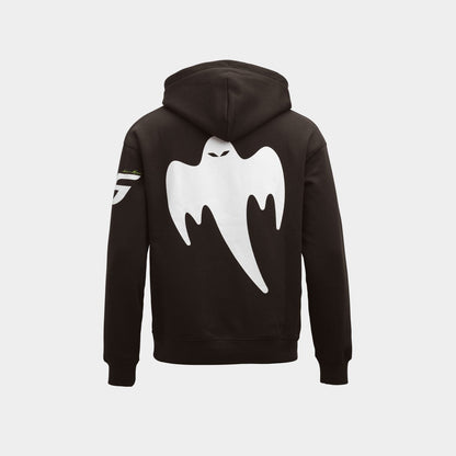 A dark brown pullover hoodie shown from the back, featuring a large white ghost graphic on the back and a small white graphic on the left sleeve, set against a light gray background.
