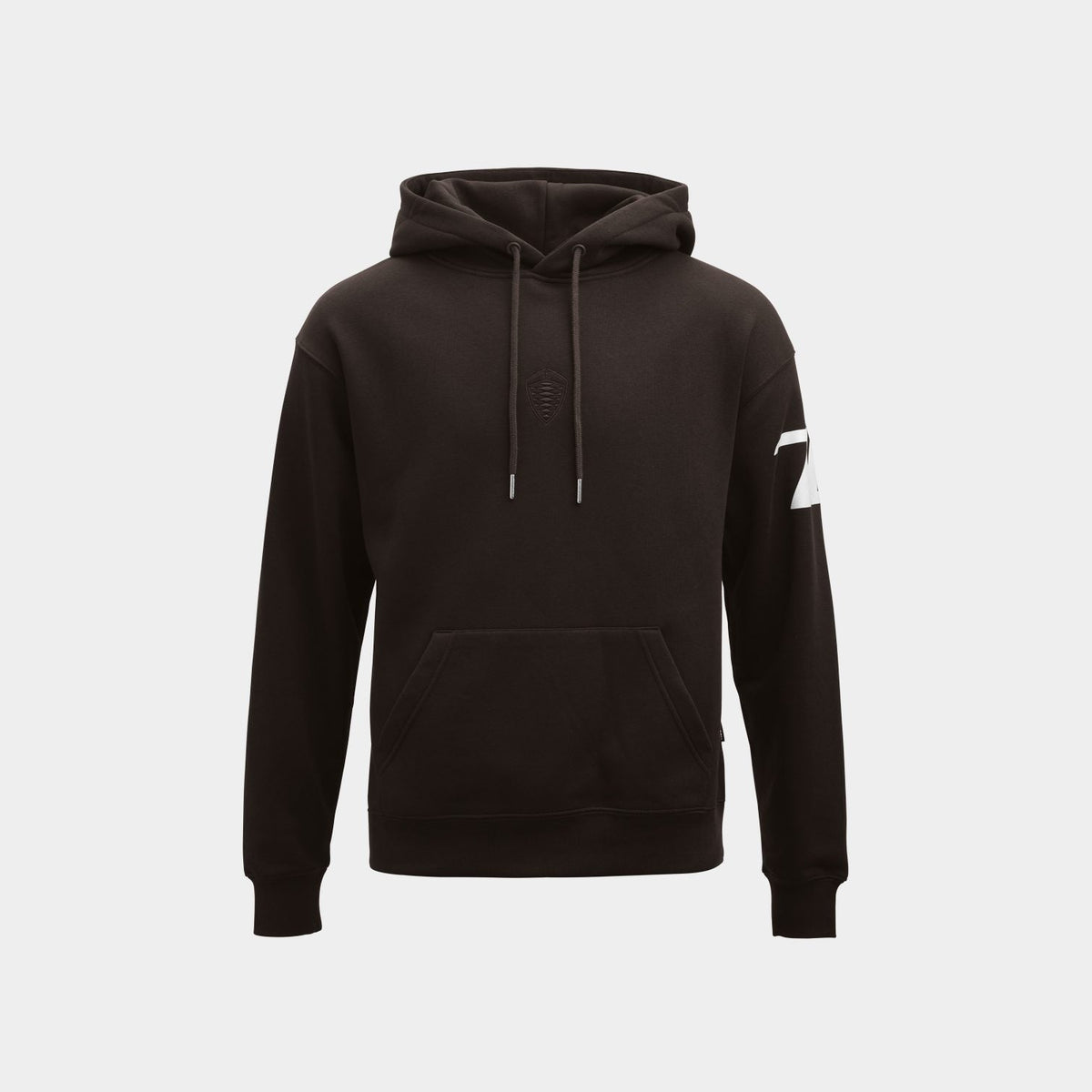 A dark brown pullover hoodie with a white graphic 76 print on the left sleeve, and black embossed shield logo on the chest, displayed against a light gray background.