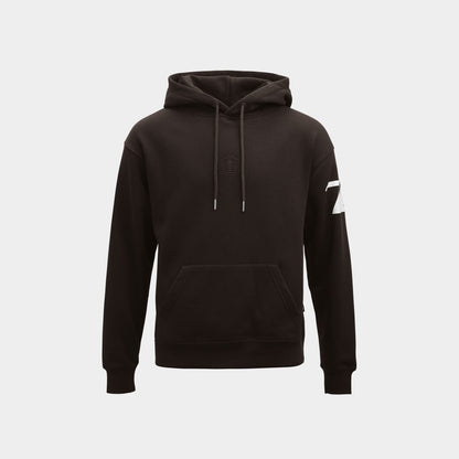 A dark brown pullover hoodie with a white graphic 76 print on the left sleeve, and black embossed shield logo on the chest, displayed against a light gray background.