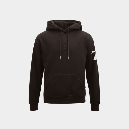 A dark brown pullover hoodie with a white graphic 76 print on the left sleeve, and black embossed shield logo on the chest, displayed against a light gray background.