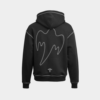 A black Koenigsegg jumper shown from the back, featuring a large white outline graphic of a ghost across the upper back and a small white logo near the lower back. The hoodie has a hood, long sleeves, ribbed cuffs and hem, and is photographed against a light gray background.