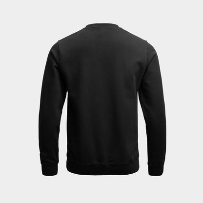 A black long-sleeve crewneck sweatshirt shown from the back, displayed on a clean, light gray background.
