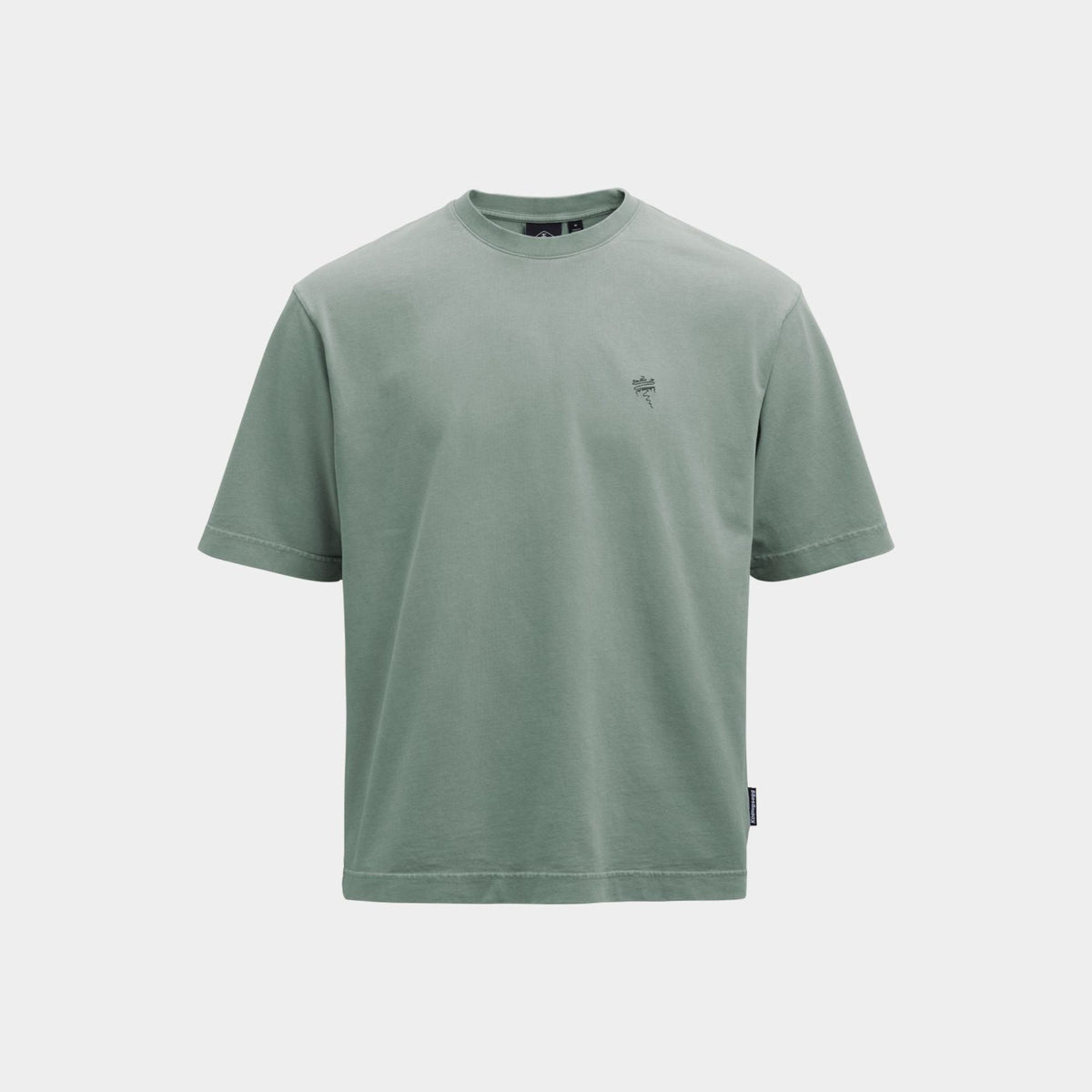 A sage green short-sleeve crewneck t-shirt with a small dark green embroidered logo on the left chest, displayed on a light gray background.
