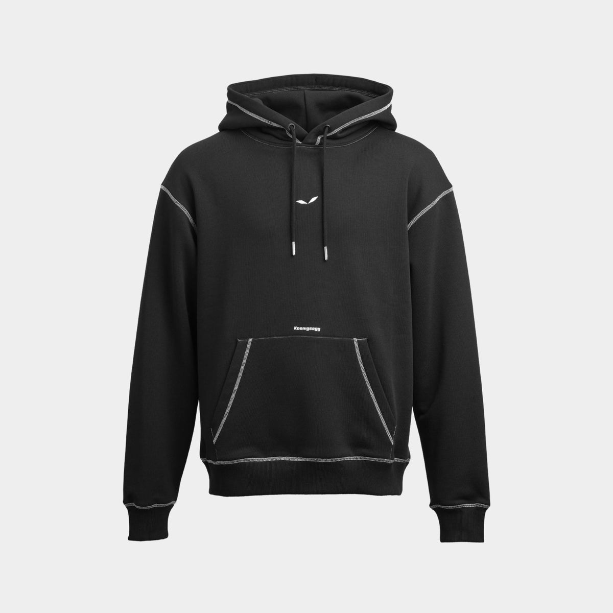 Black Koenigsegg hoodie with white accents on a light gray background
