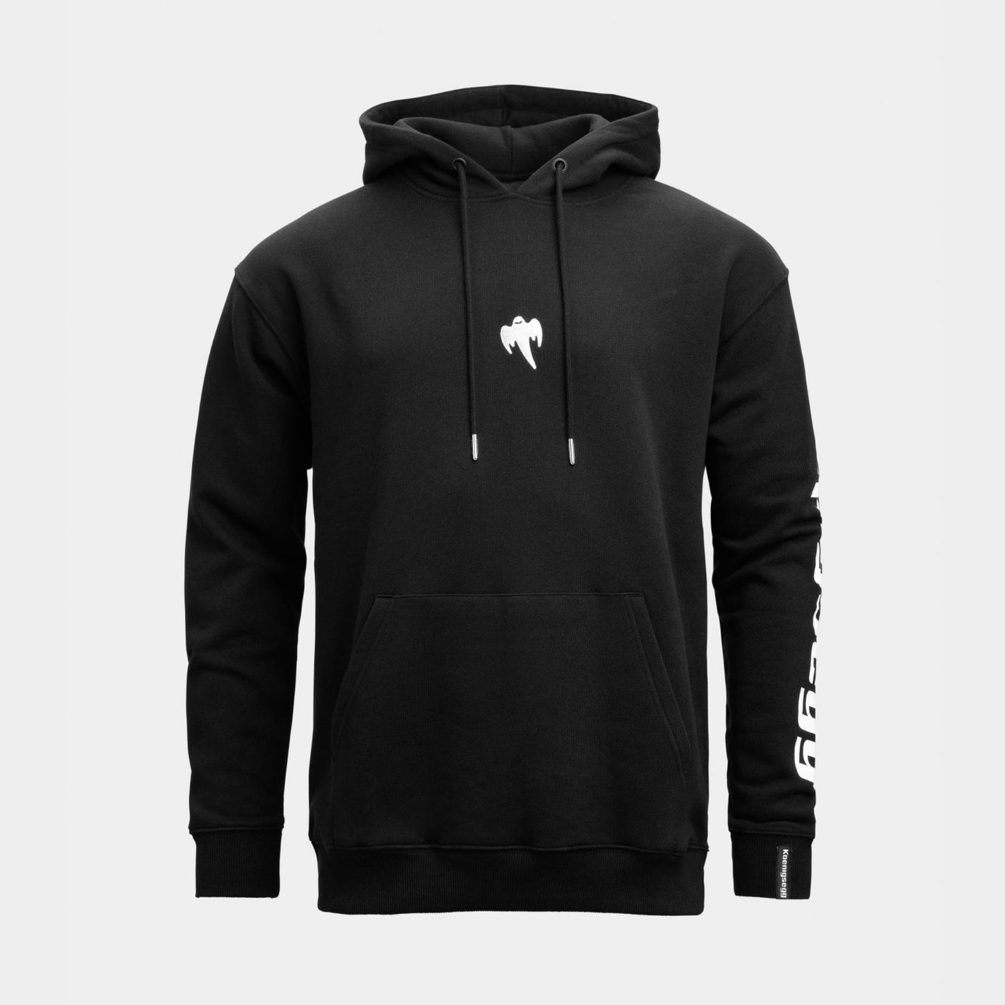 Black hoodie with a ghost logo on the chest and text on the sleeve against a light gray background