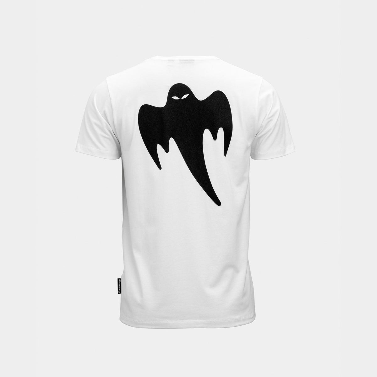 A white short-sleeve t-shirt shown from the back, featuring a large black ghost graphic printed on the center back.
