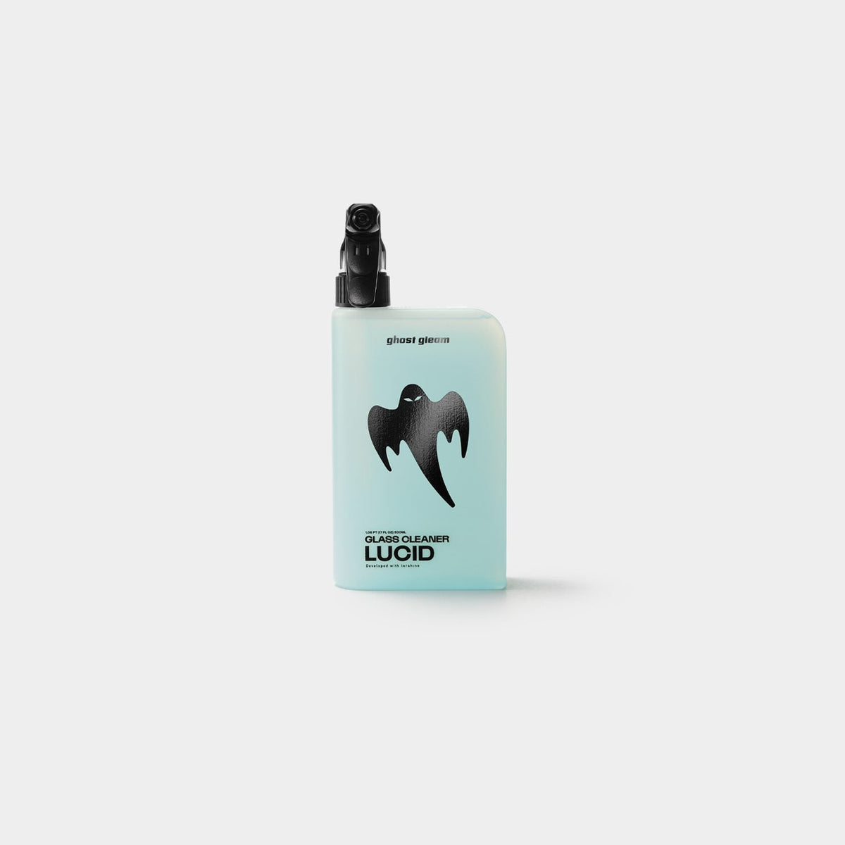 A translucent light blue bottle of Lucid Ghost Cleaner with a black spray nozzle and a black ghost logo, set against a plain light gray background.