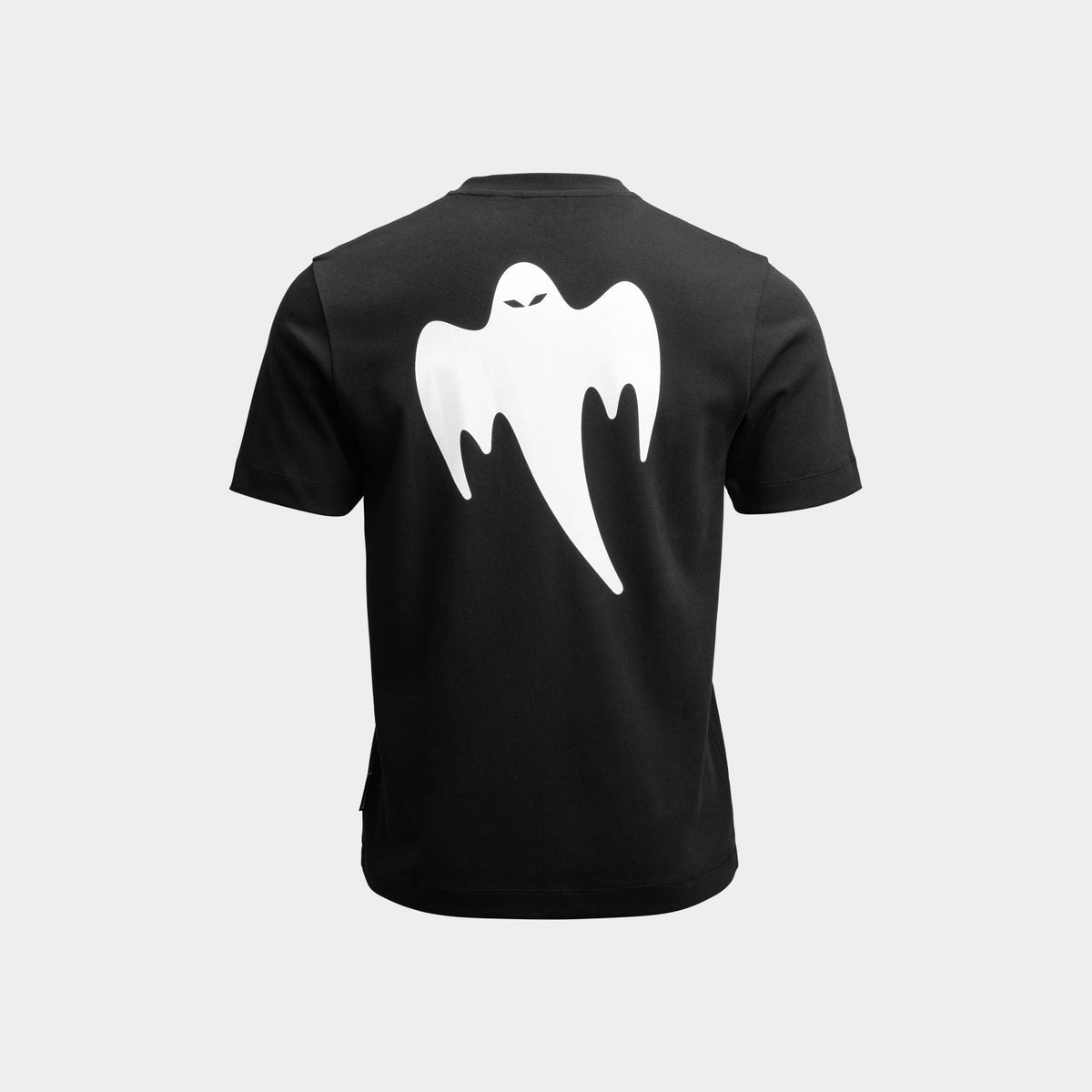A black short-sleeve t-shirt shown from the back, featuring a large white ghost graphic set against a light gray background.