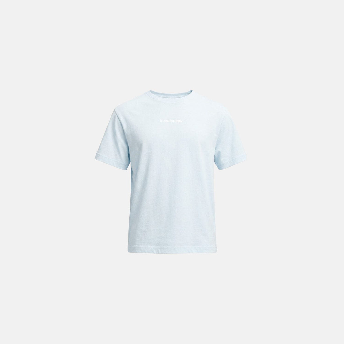 A light blue short-sleeve crewneck t-shirt with a small white Koenigsegg logo printed across the chest, displayed against a solid off-white background.