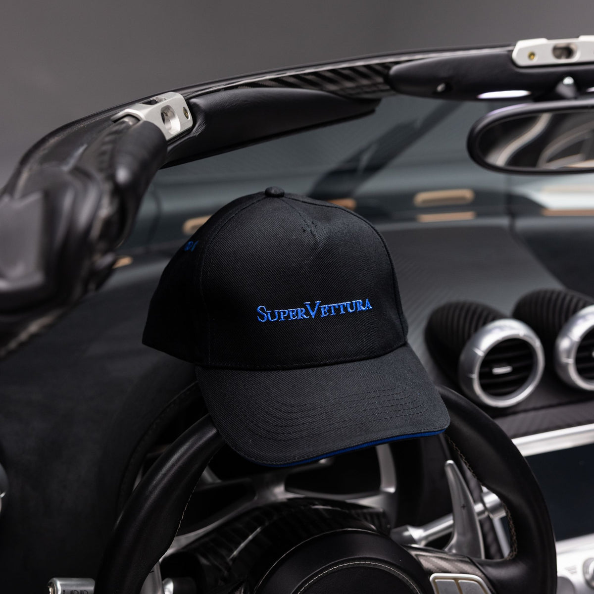 SuperVettura Black Embroidered Panel Cap
