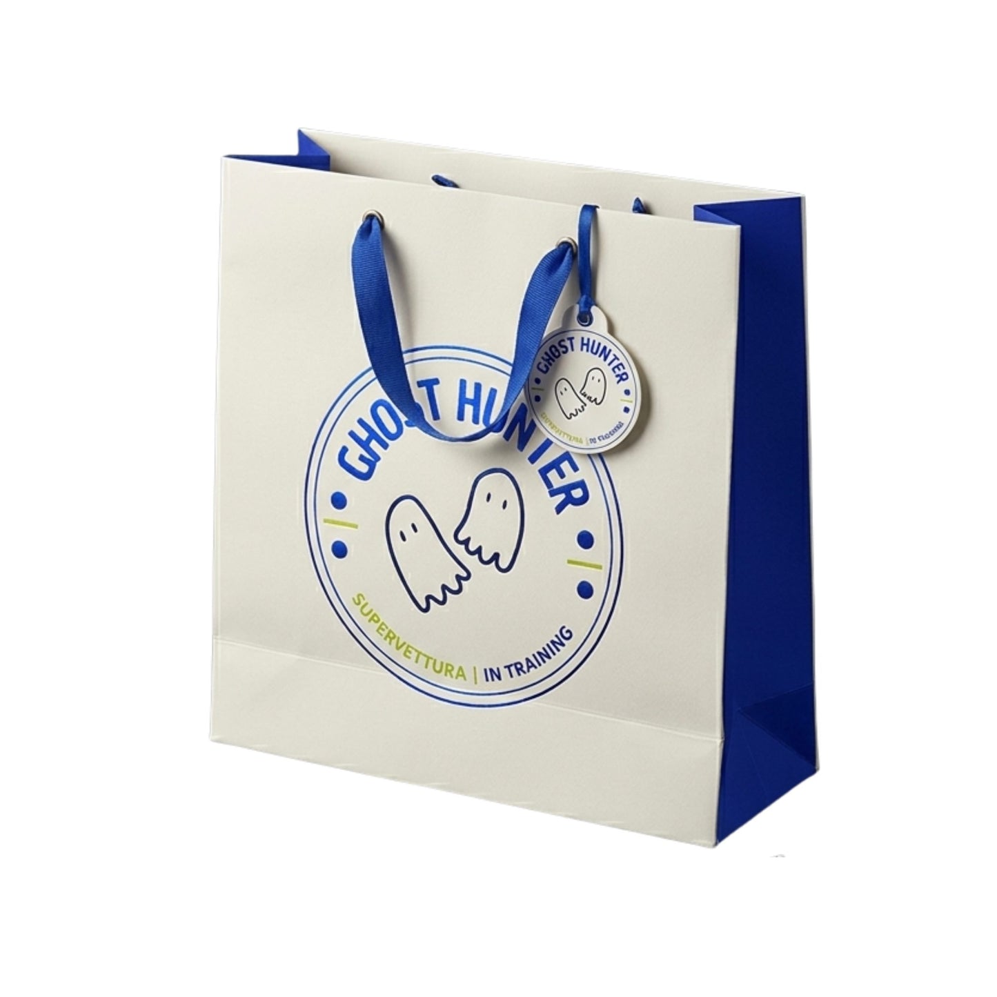 White gift bag with blue handles and 'Ghost Hunter' logo on a white background