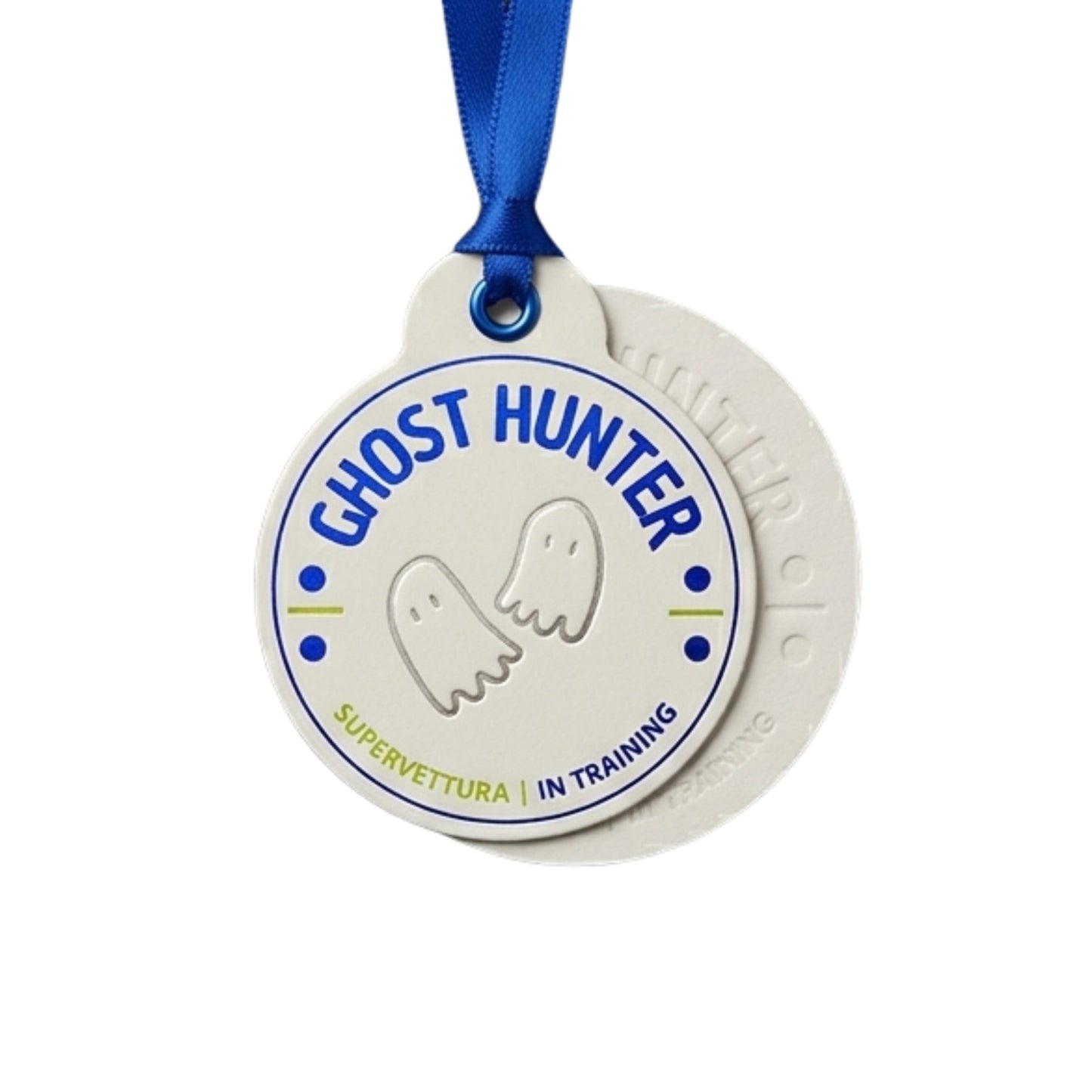 Tag with 'Ghost Hunter' text and blue ribbon on a white background