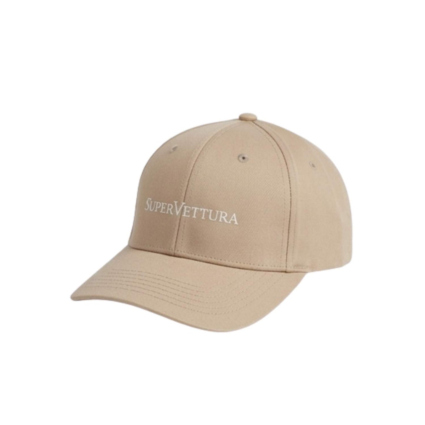 A beige baseball cap with 'SUPERVETTURA' embroidered in white on the front, shown against a plain white background.