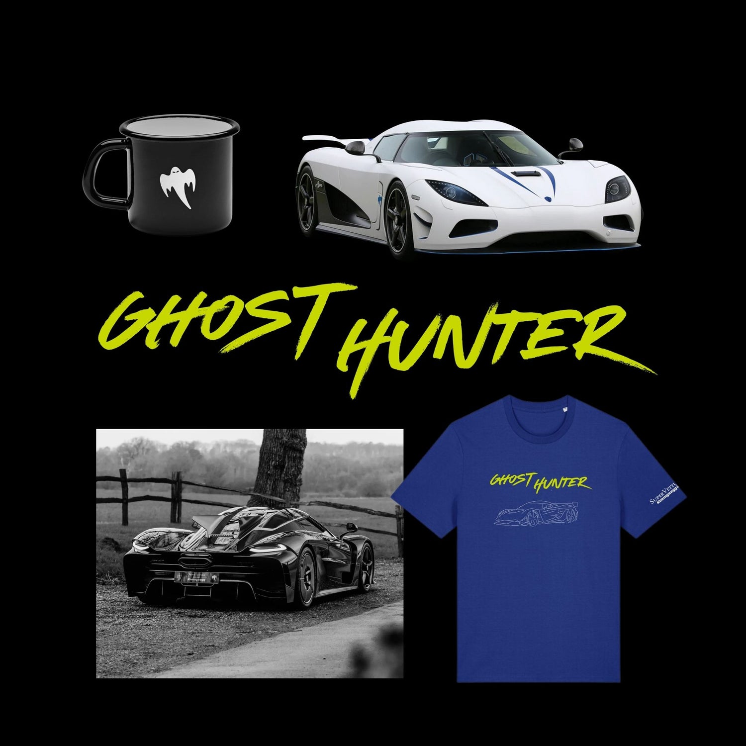 A collage on a black background showing a black mug with a white ghost-like logo, a white sports car, a black-and-white sports car photo, large yellow 'GHOST HUNTER' text, and a blue T-shirt with yellow and white 'GHOST HUNTER' graphics.