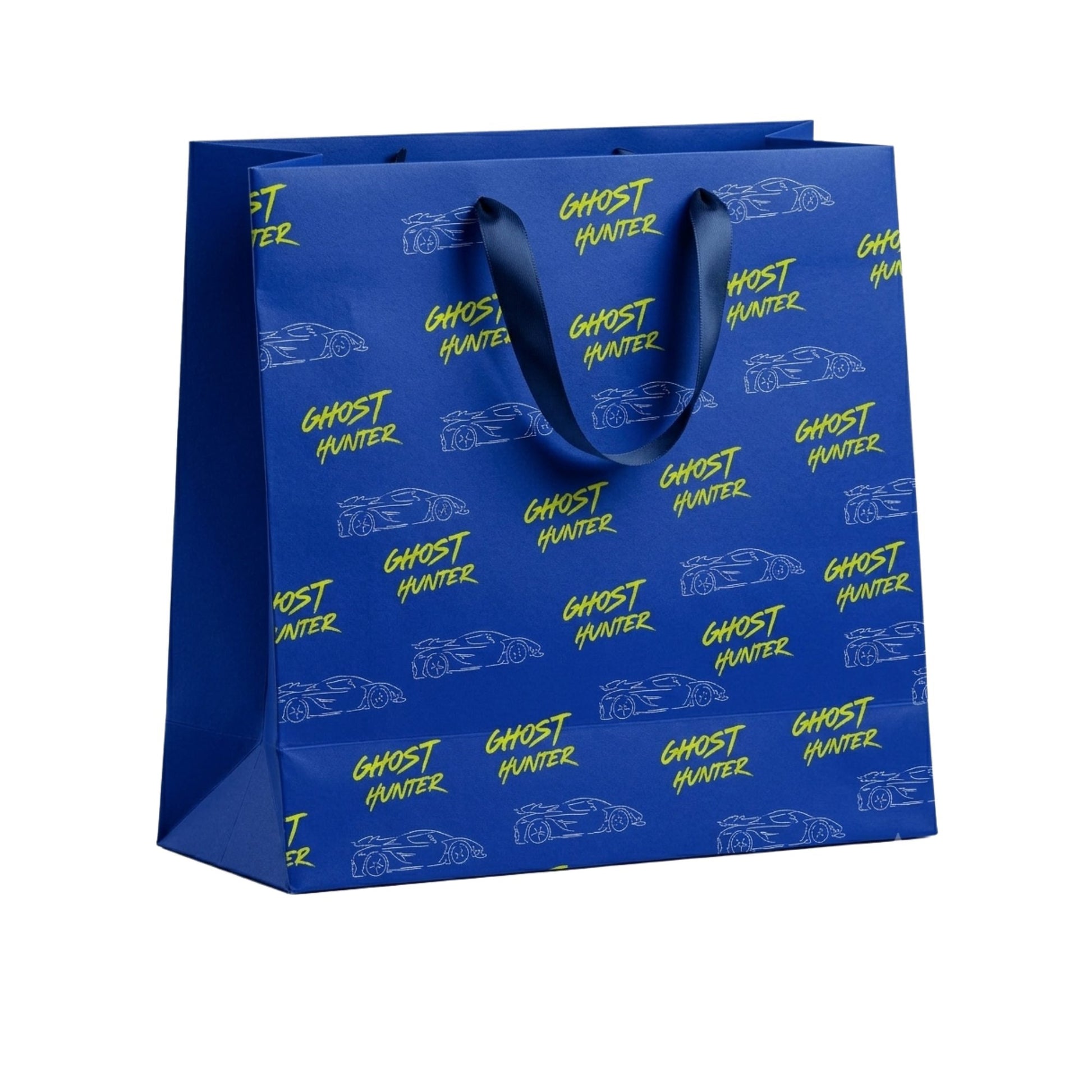 Blue shopping bag with 'Ghost Hunter' text and car graphics on a white background