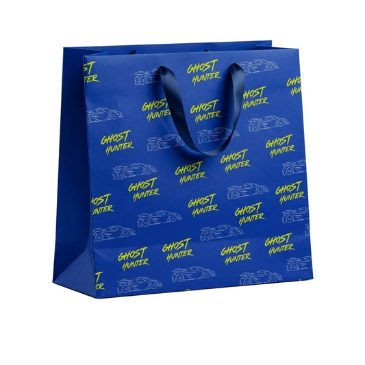 Blue shopping bag with 'Ghost Hunter' text and car graphics on a white background