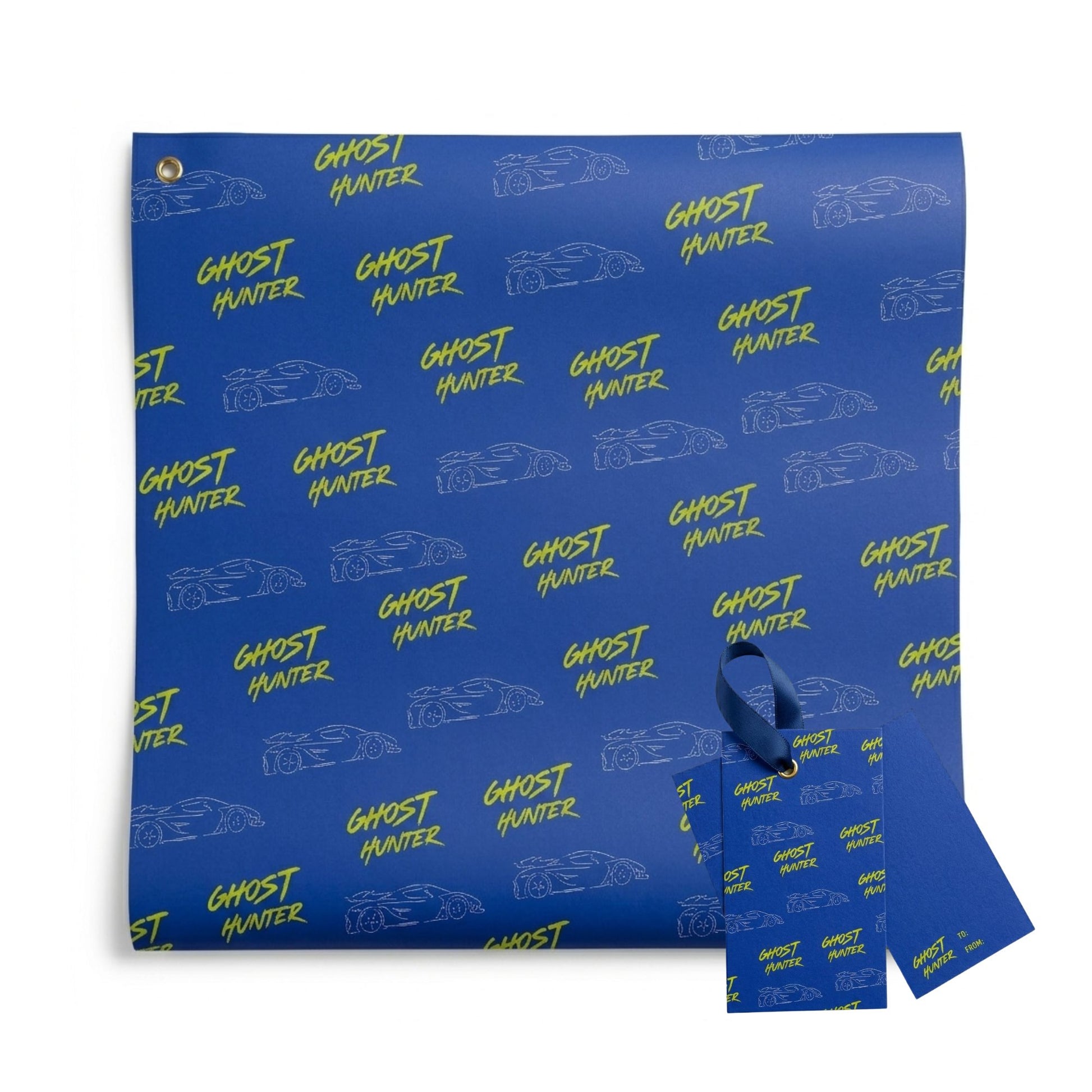 Blue paper with 'Ghost Hunter' text and car graphics on a white background