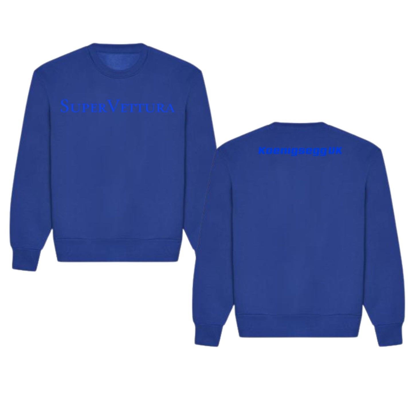Blue SuperVettura Koenigsegg UK sweatshirt with text on front and back on a white background