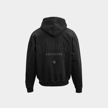 A black zip hoodie shown from the back, featuring a tonal black 'GHOST SQUADRON' logo printed across the upper back, on a light gray background.