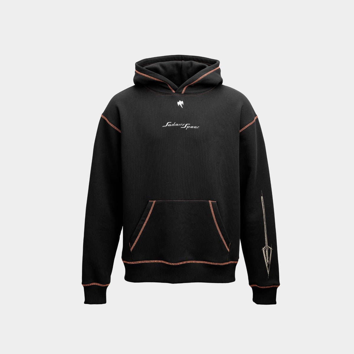 A black pullover hoodie with contrasting orange stitching, featuring a white script logo on the chest and a graphic on the right sleeve, displayed against a light gray background.