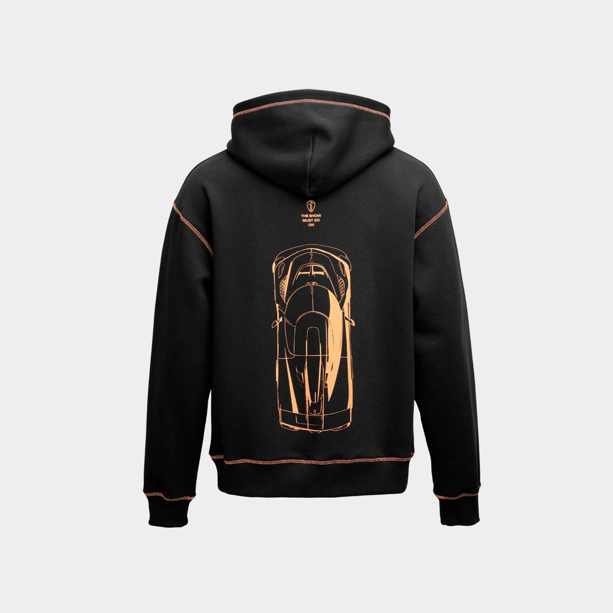 A black pullover hoodie shown from the back, featuring a large orange line-art graphic of a sports car on the back and matching orange piping details along the hood, sleeves, and hem.