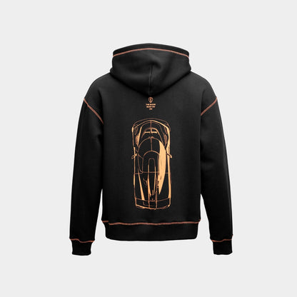 A black pullover hoodie shown from the back, featuring a large orange line-art graphic of a sports car on the back and matching orange piping details along the hood, sleeves, and hem.