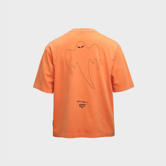 An orange short-sleeve t-shirt shown from the back, featuring a minimalist black line art graphic of a ghost and small text near the bottom, displayed on a light gray background.