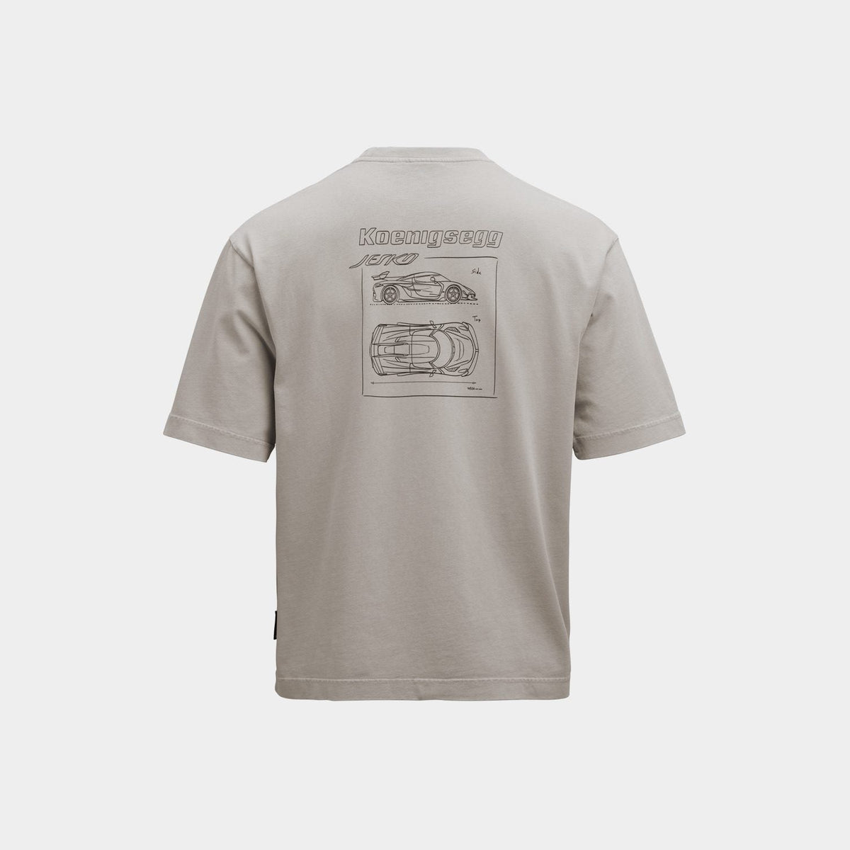 Beige t-shirt with a Koenigsegg Jesko grapic on the back, on a white background